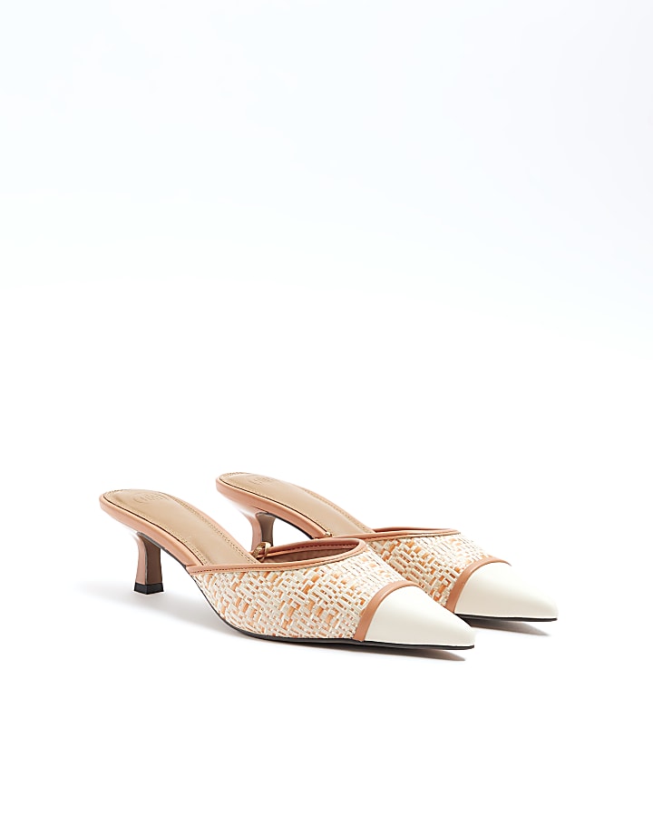 Orange raffia kitten heeled court shoes