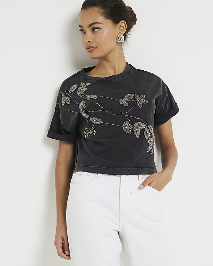 Petite grey floral embellished t-shirt