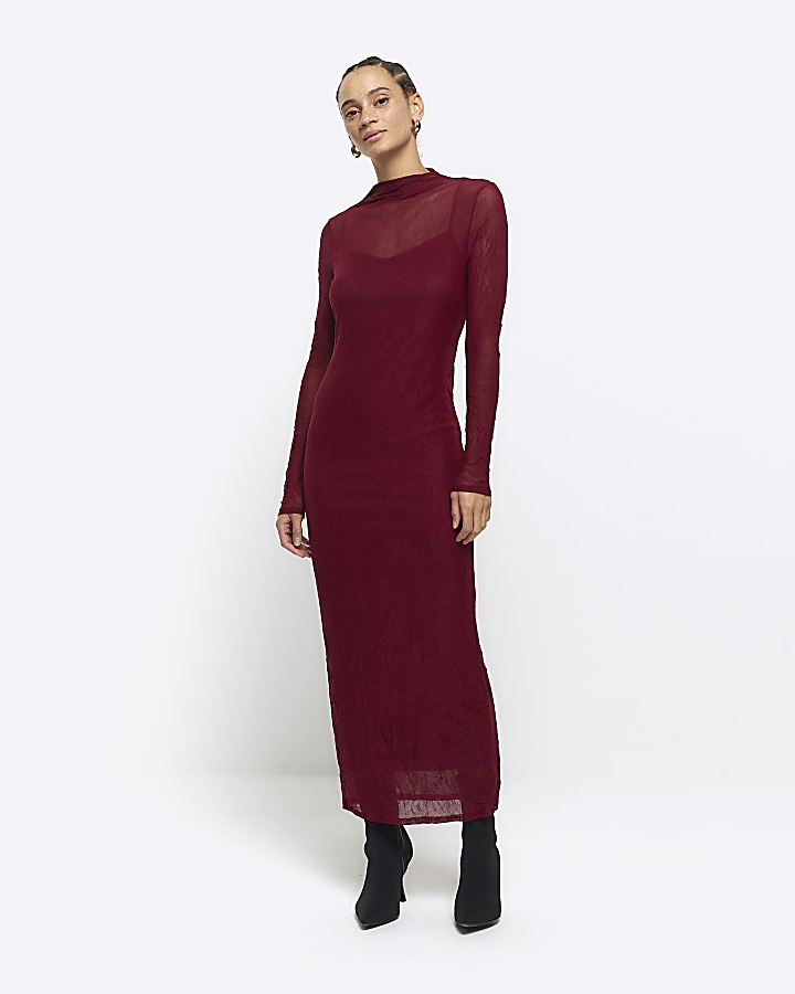 Red mesh bodycon maxi dress | River Island