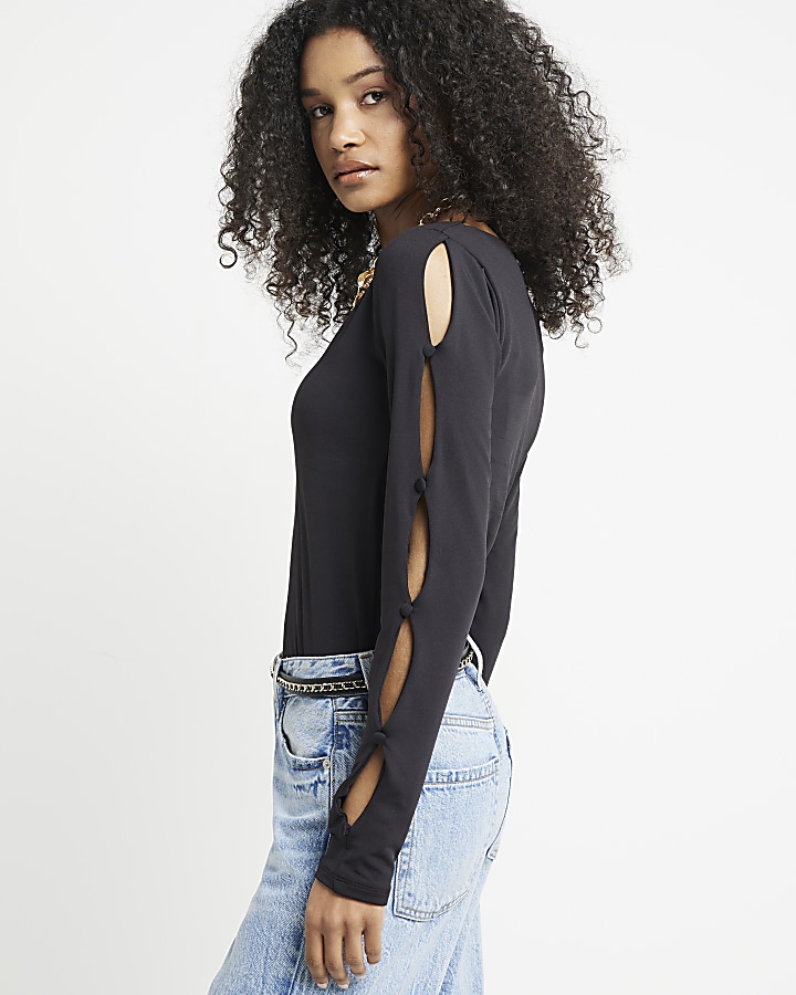 Black cut out long sleeve top