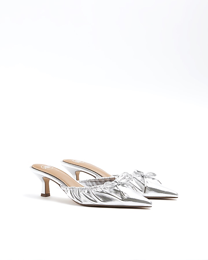Silver ruched bow heeled court shoes