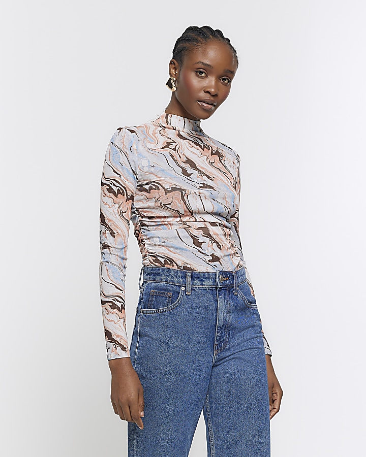 Abstract Blue Serpent Mesh Long Sleeve Crop Top