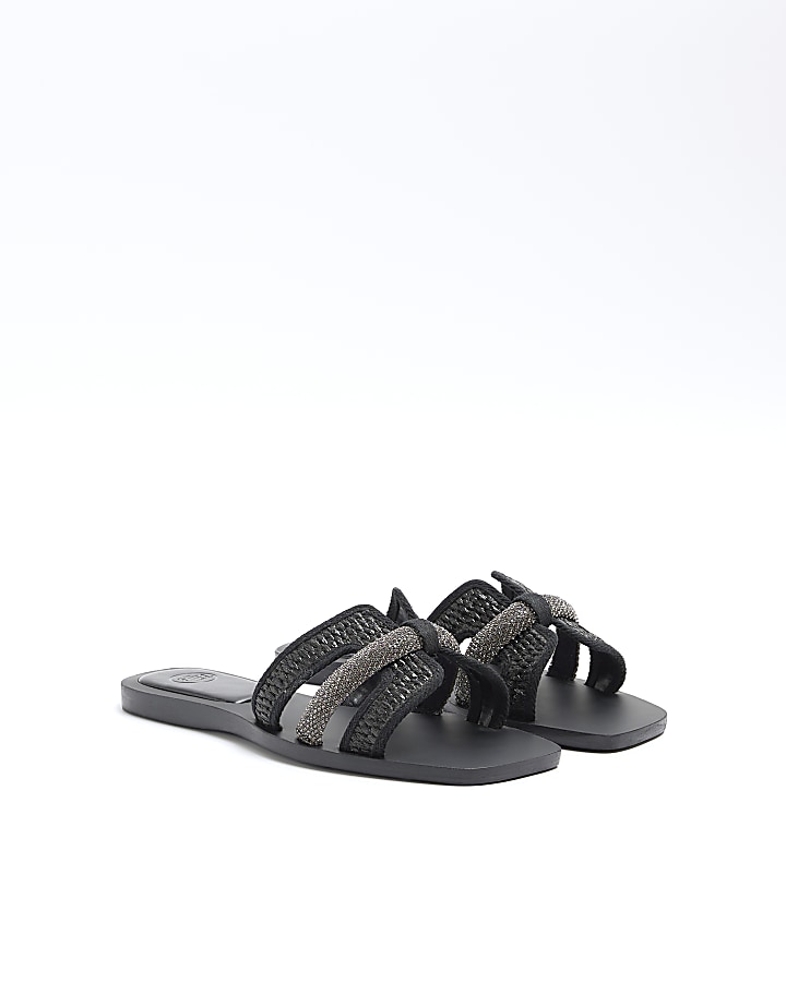 Black raffia flat sandals | River Island