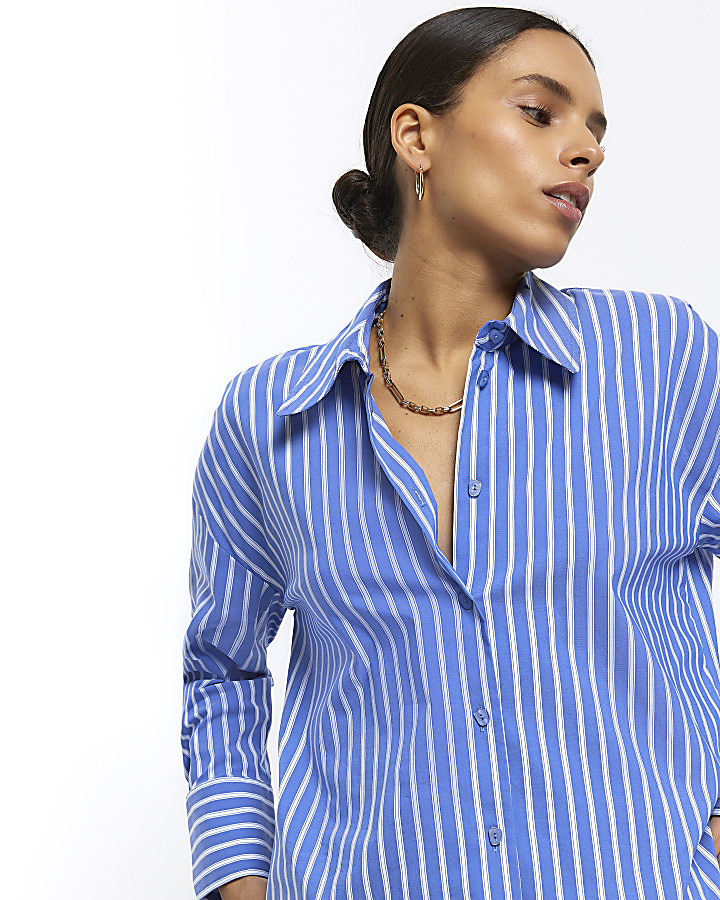 Petite blue stripe long sleeve shirt | River Island