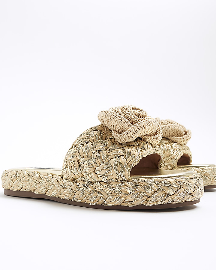 Gold Crochet Flower Flatform Sandals