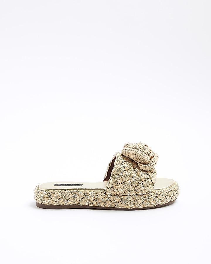 Gold Crochet Flower Flatform Sandals