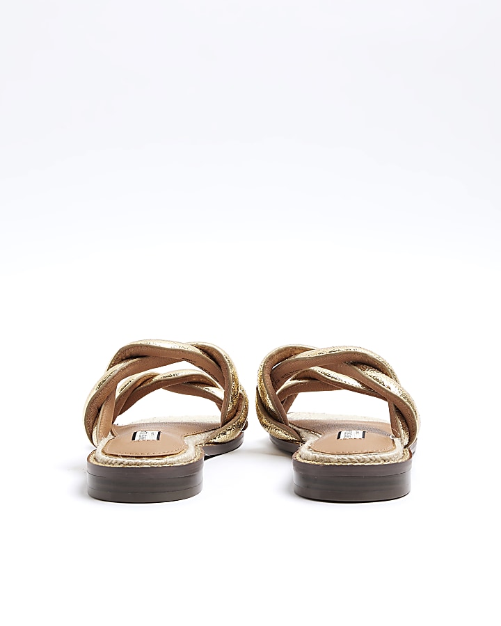 Gold Leather Twisted Strap Mule Sandals