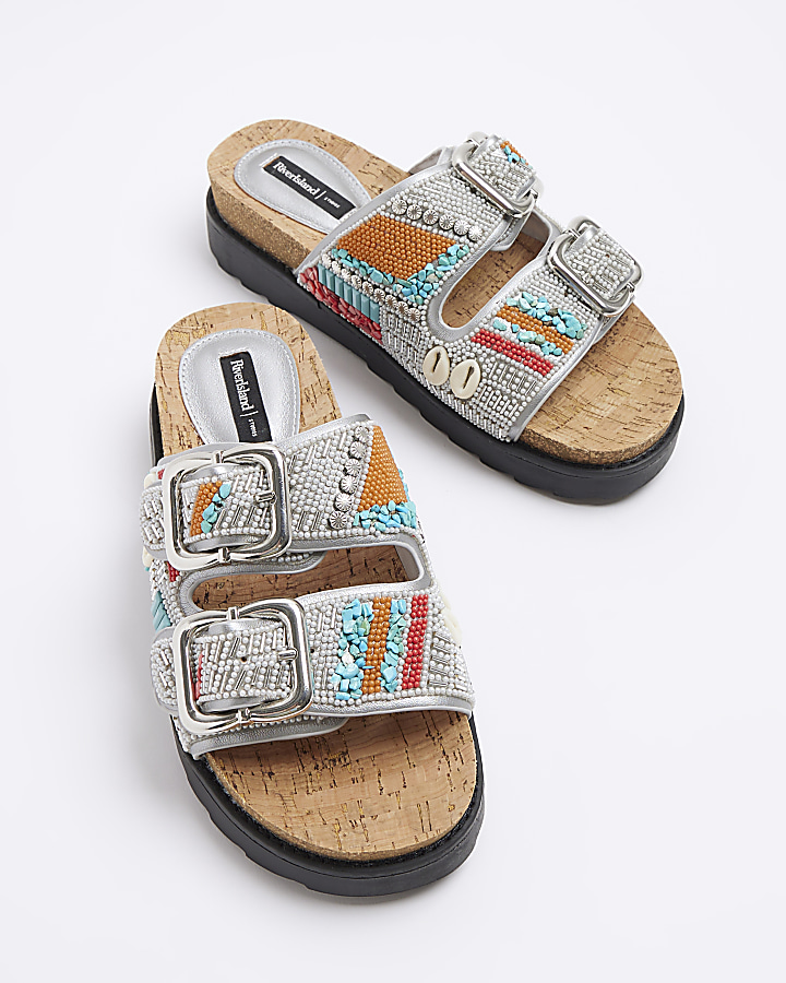 Silver Beaded Strap Sandals