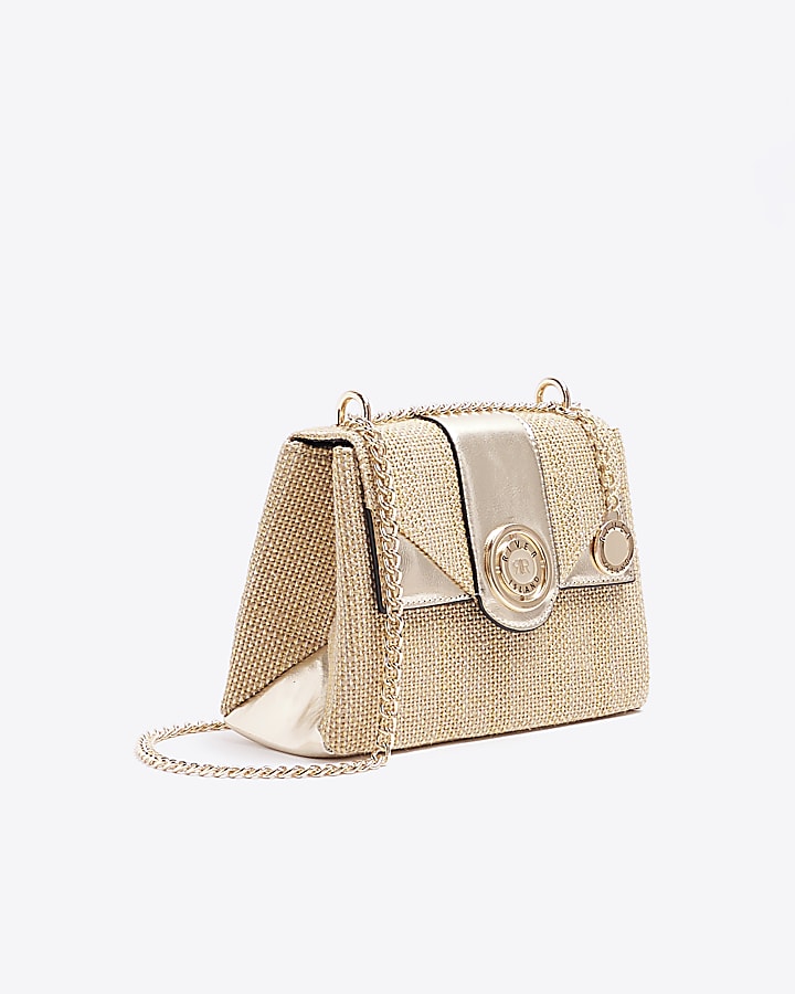 Gold Small Raffia Tab Shoulder Bag