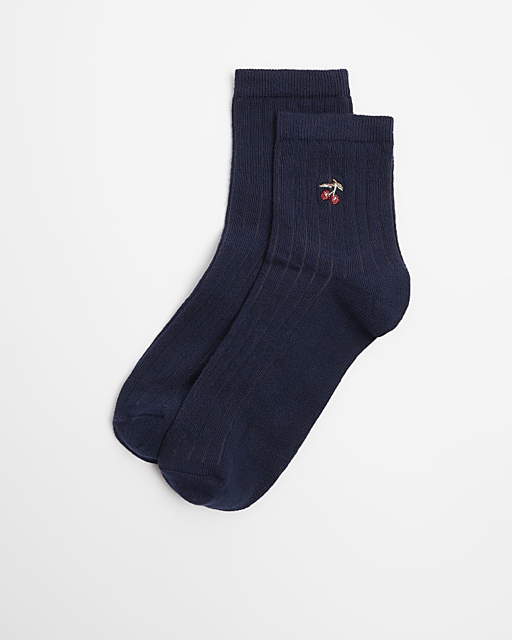 Navy cherry embroidered socks