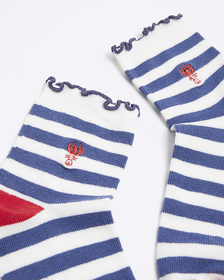 Blue stripe embroidered ankle socks
