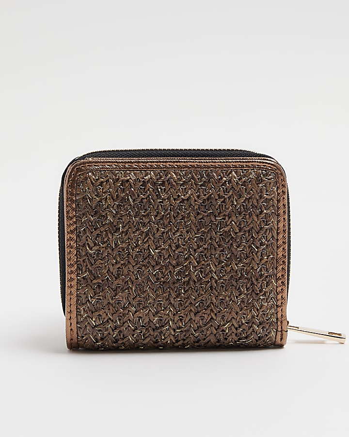 Brown raffia panel mini purse