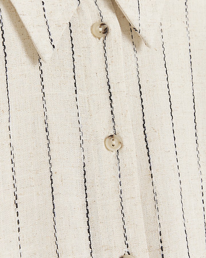 Beige linen blend embroidered crop shirt