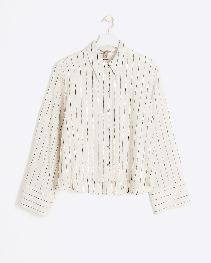 Beige linen blend embroidered crop shirt