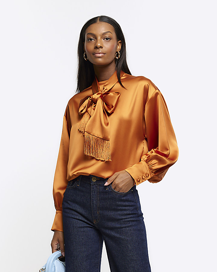 Orange satin fringe tie neck blouse