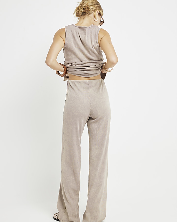 Beige Wide Leg Washed Ribbed Trousers