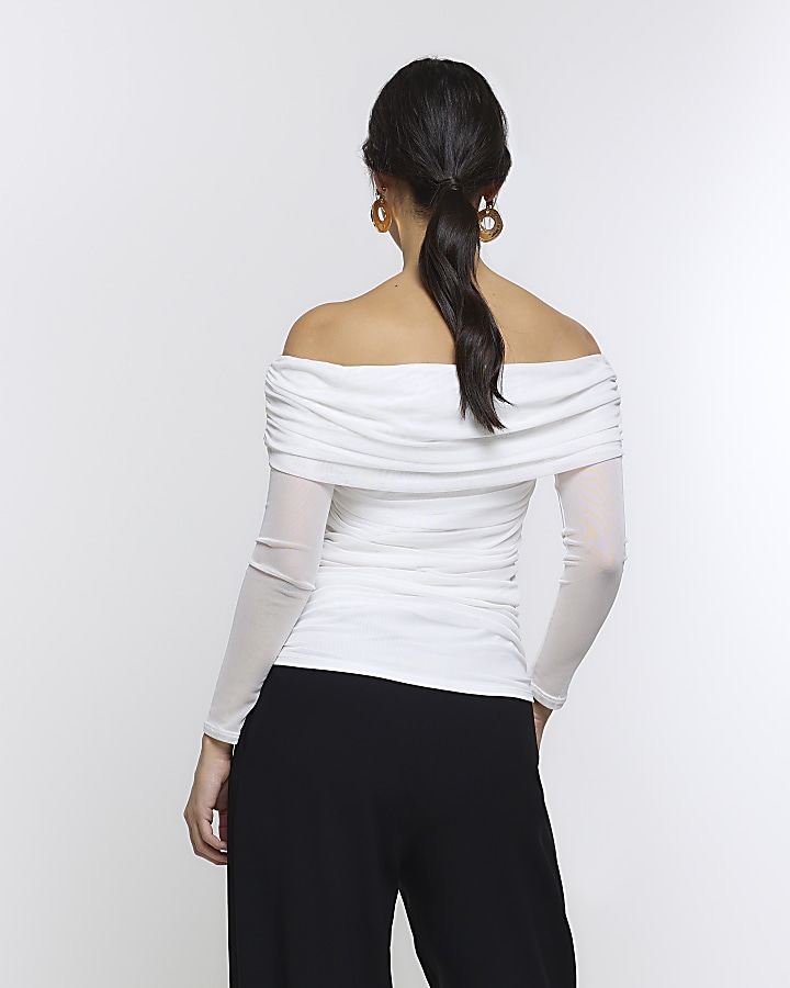 White ruched bardot top