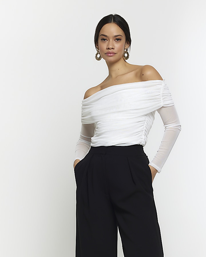 White ruched bardot top