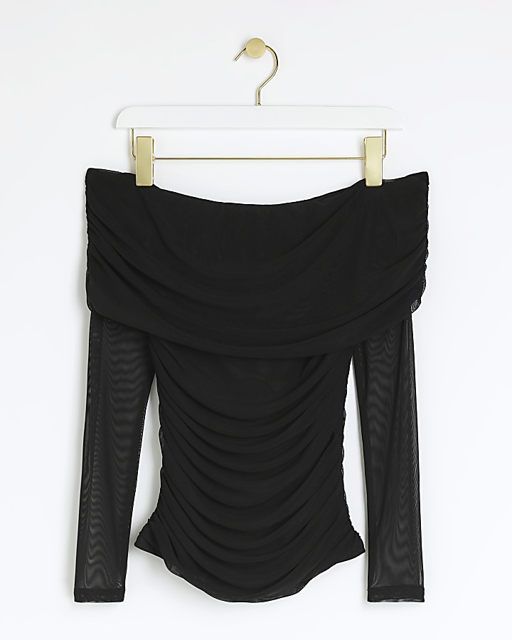 Black ruched bardot top River Island