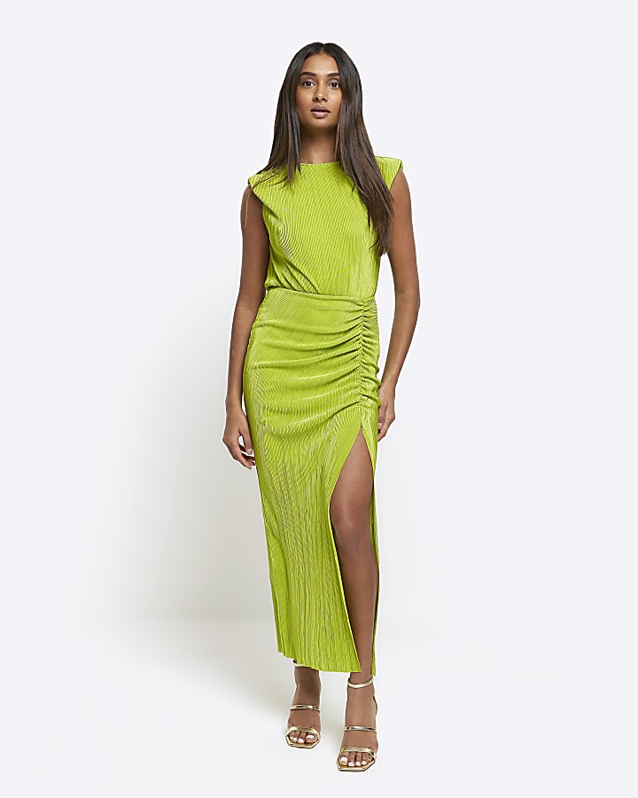 Lime green plisse ruched bodycon midi dress