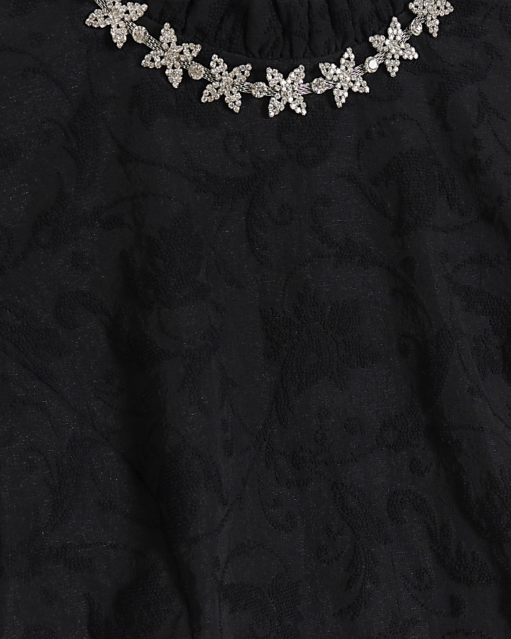 Black jacquard diamante trim blouse