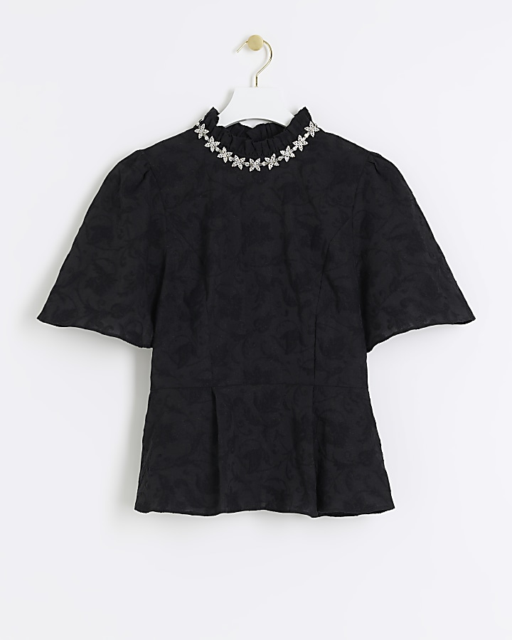 Black jacquard diamante trim blouse