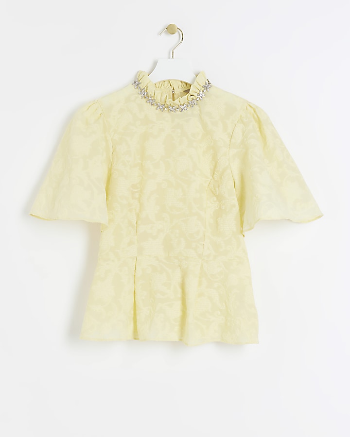 Yellow jacquard diamante trim blouse