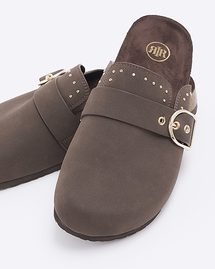 Brown buckle studded mule shoes
