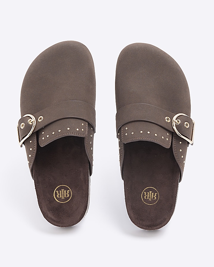 Brown buckle studded mule shoes