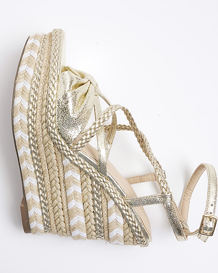 Gold strappy espadrille wedge sandals