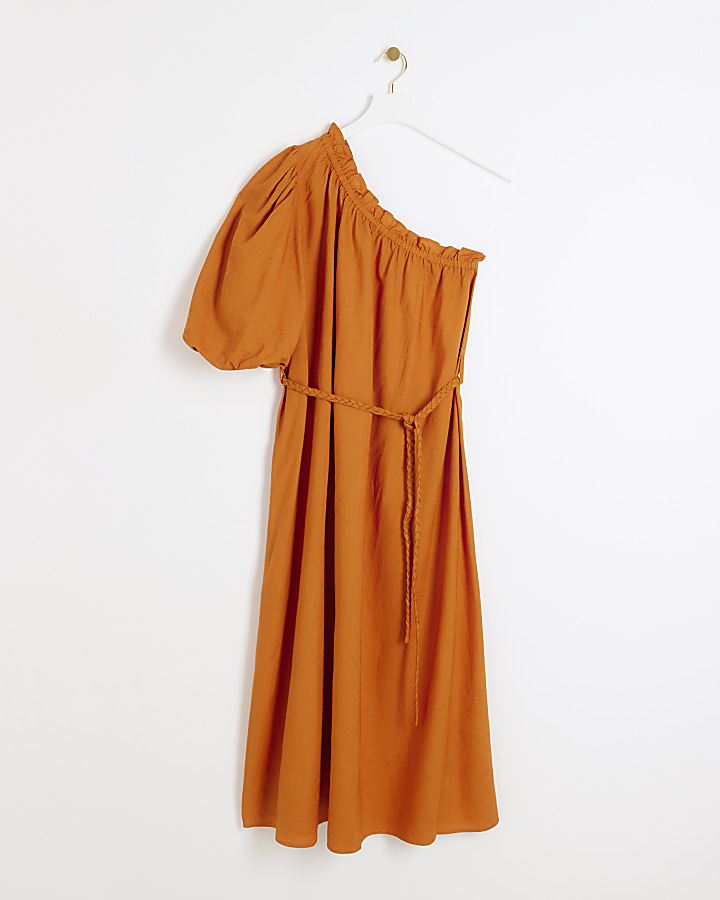 Rust linen blend belted shift midi dress