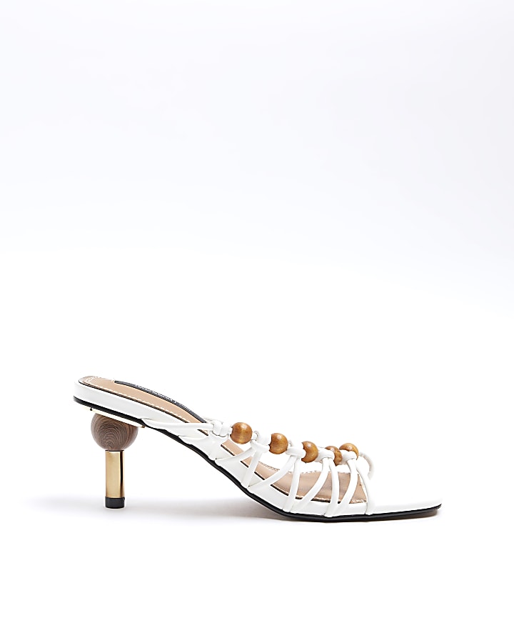 White beaded strappy mule heeled sandals