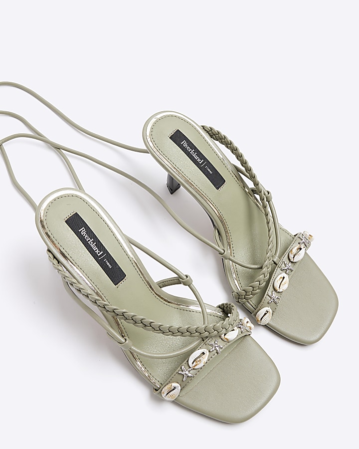 Green shell detail lace up heeled sandals
