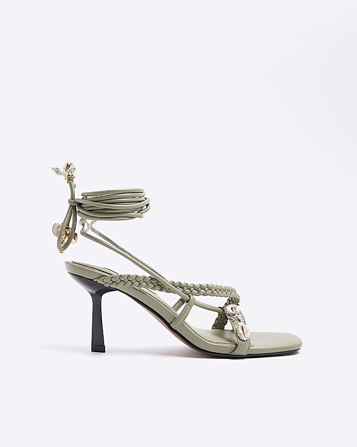 Green shell detail lace up heeled sandals