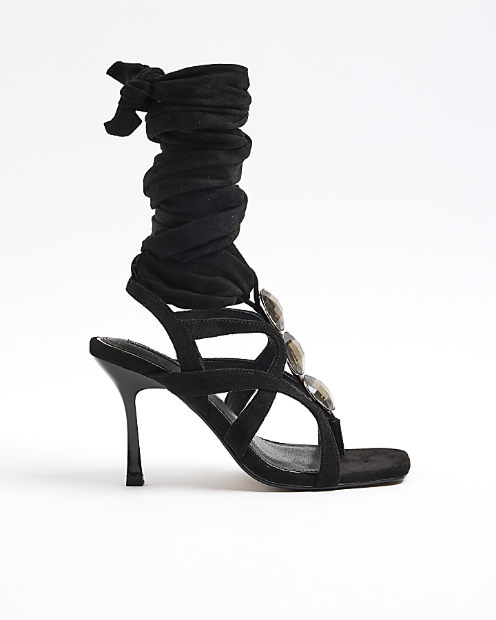Black embellished tie up heeled sandals