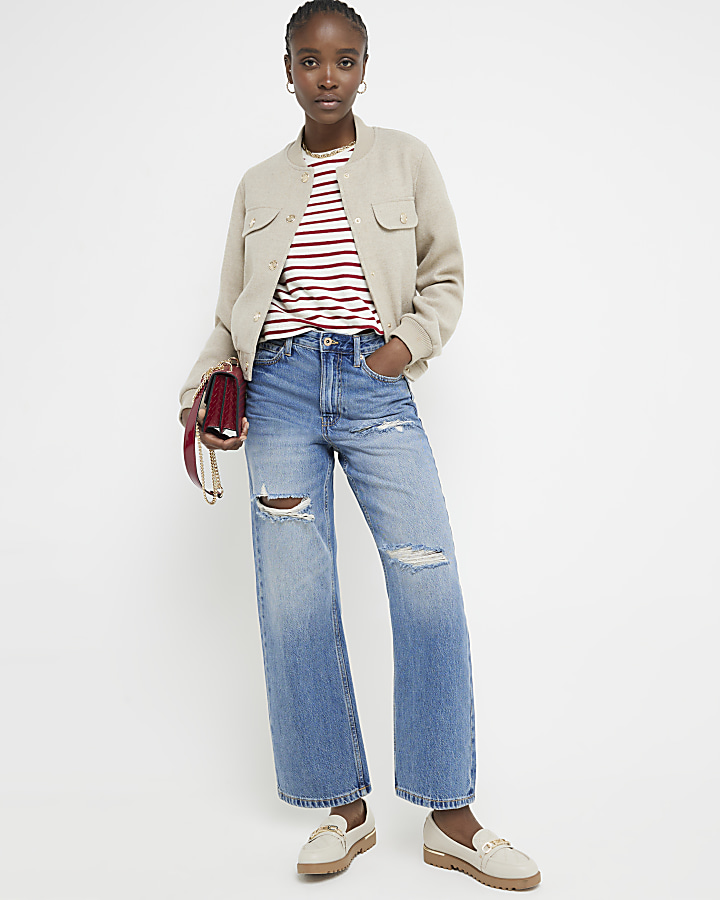 Blue high waisted relaxed straight crop jeans