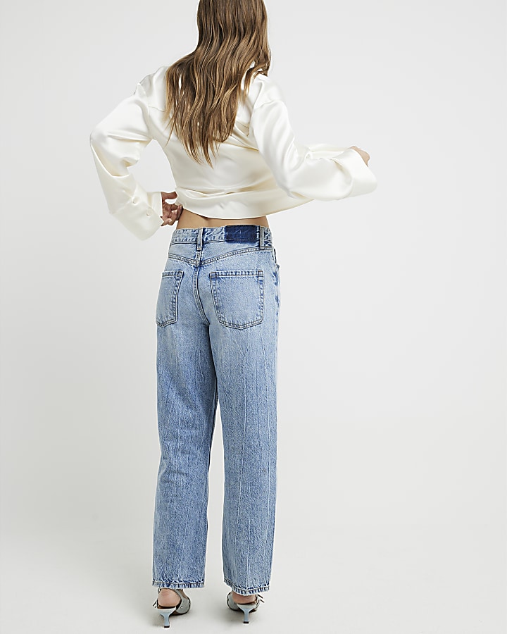 Blue high waisted relaxed straight crop jeans