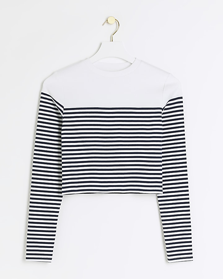 White Long Sleeve Stripe ribbed Cropped Top