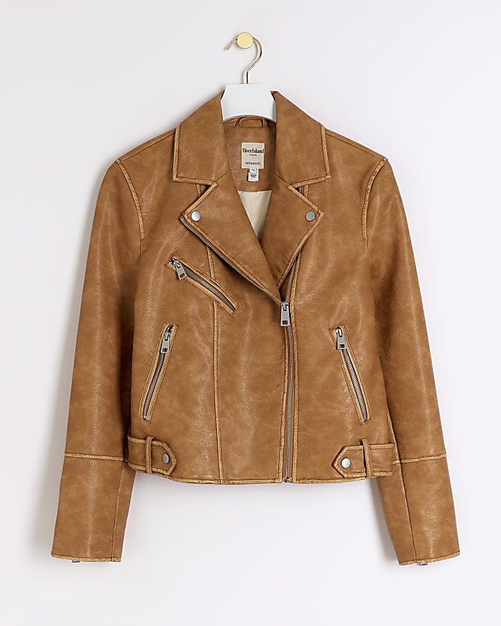 Brown Faux Leather Distressed Biker Jacket