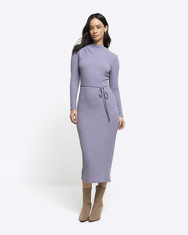 Blue textured belted bodycon midi dress