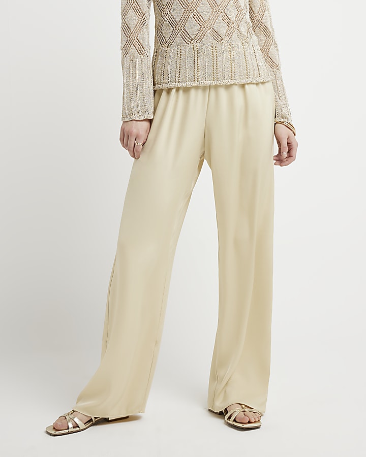 Beige Satin Pull On Elasticated Trousers