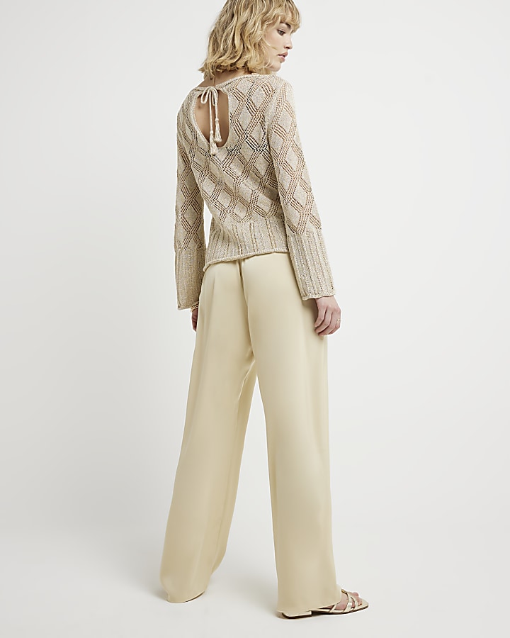 Beige Satin Pull On Elasticated Trousers