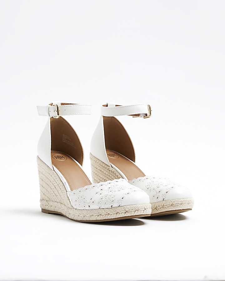 White cut out floral espadrille wedge sandals | River Island