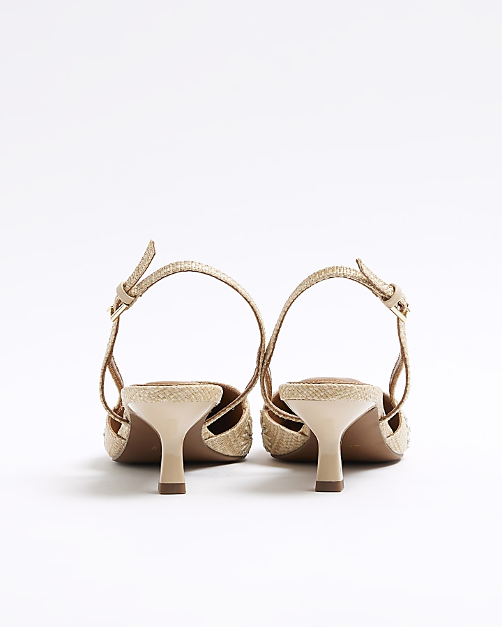 Beige embroidered heeled sling back shoes