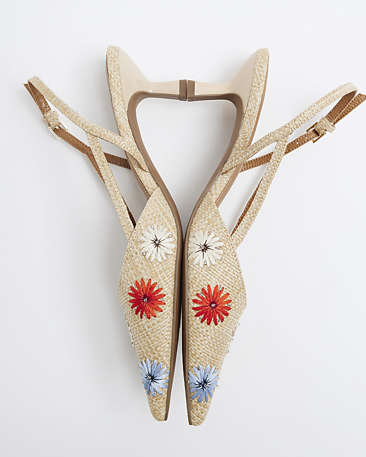 Beige embroidered heeled sling back shoes