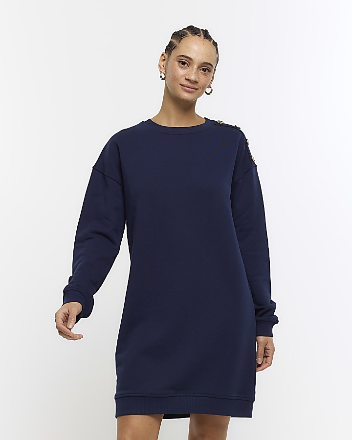 Navy button detail sweatshirt mini dress | River Island