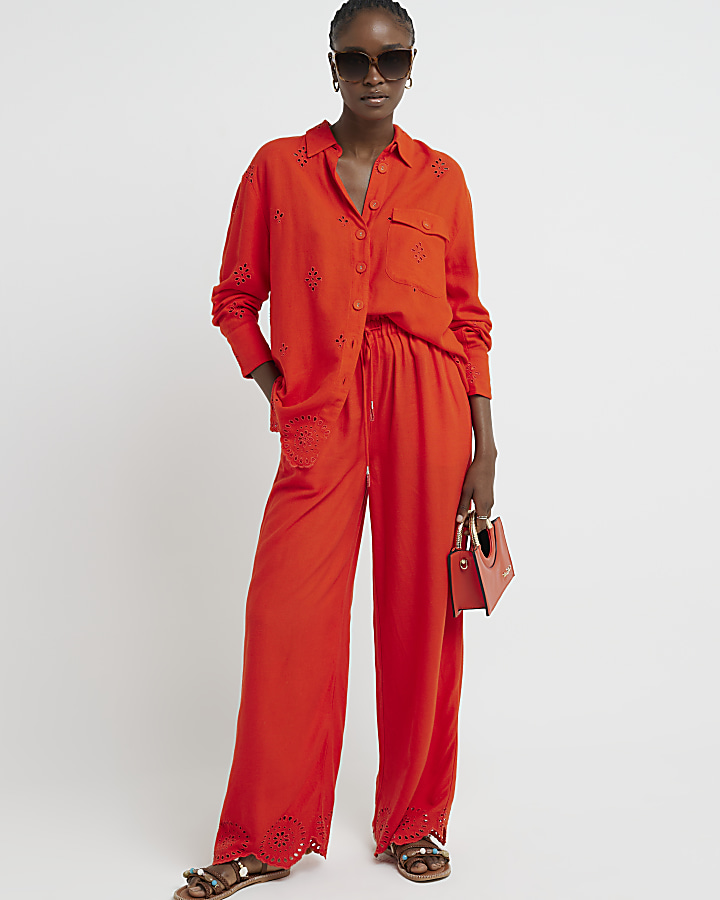 Red broderie linen trousers