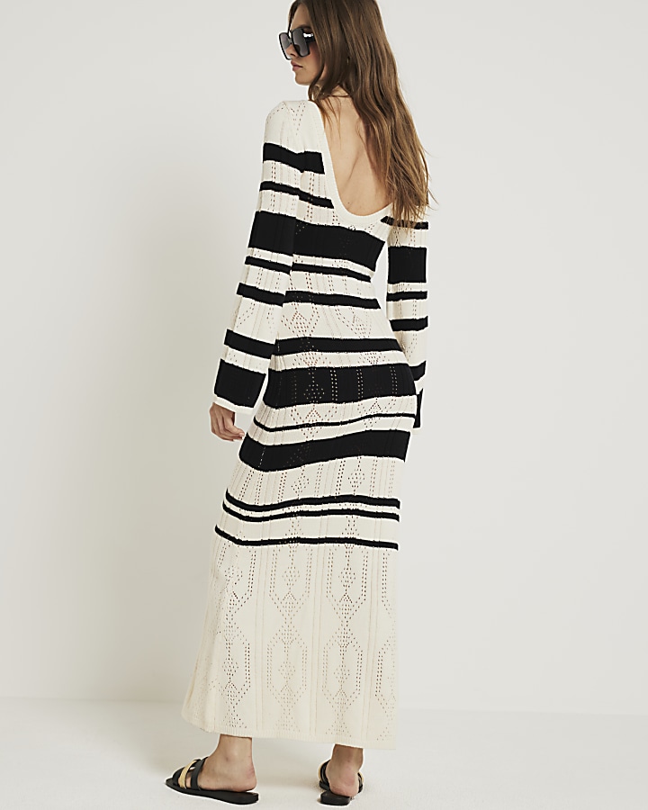 Cream knit stripe bodycon maxi dress