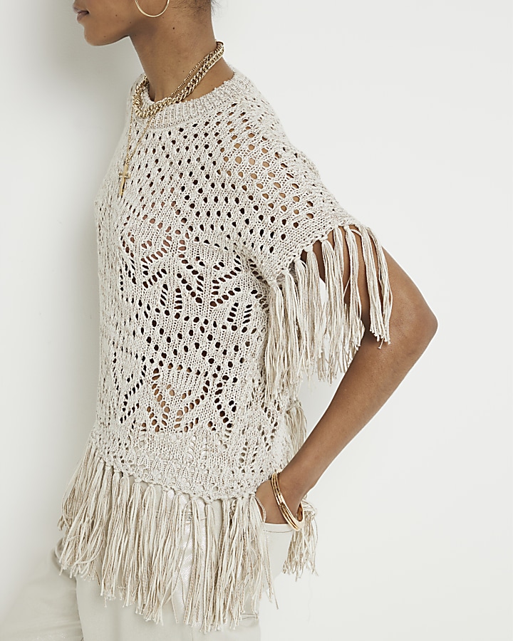 Cream Crochet Fringe Hem Top River Island