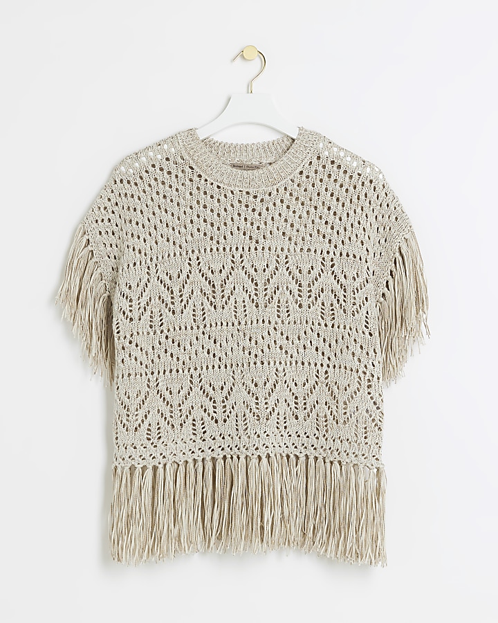 Cream Crochet Fringe Hem Top River Island